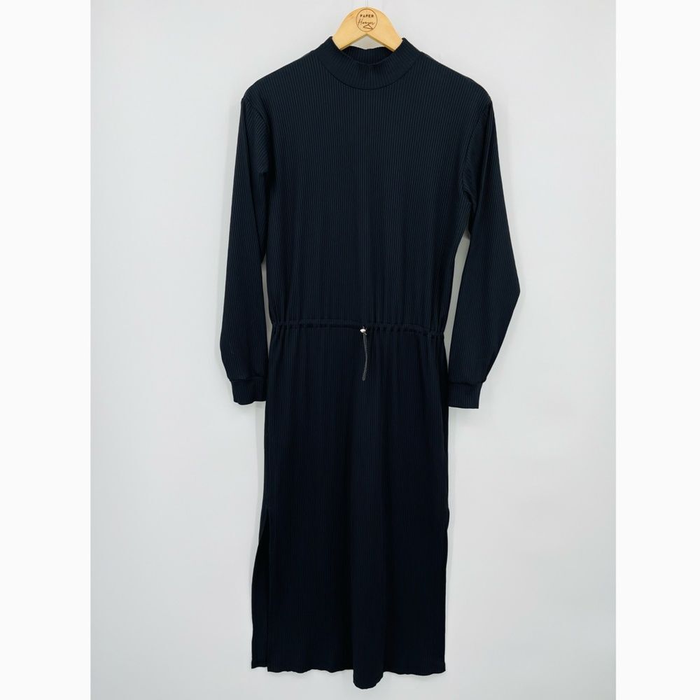 Zara Long Sleeve Mock Neck Ribbed Black Midi Dress Size Small, Cinch Waist Goth